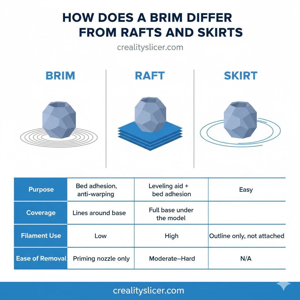 How Does a 3D Printing Brim Work to Improve Bed Adhesion and Prevent Warping in Prints? How Does a Brim Differ from Rafts and Skirts