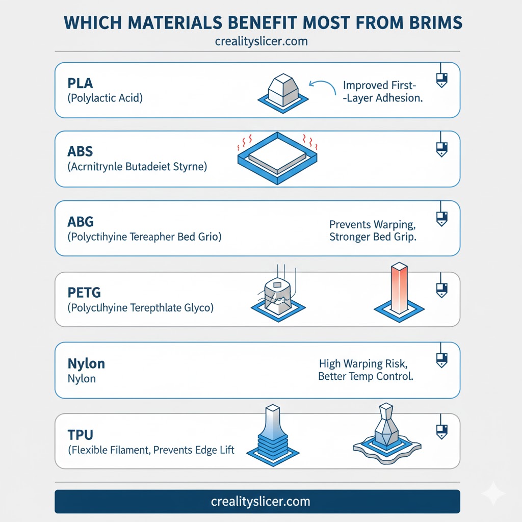 How Does a 3D Printing Brim Work to Improve Bed Adhesion and Prevent Warping in Prints? Which Materials Benefit Most from Brims